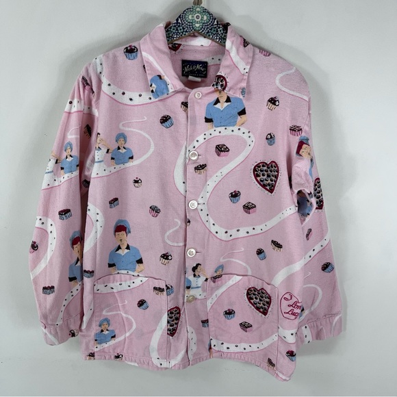 NICK & NORA I Love Lucy Chocolate Factory PJ Pajama Set Top Bottom Pink Flannel - Picture 2 of 16